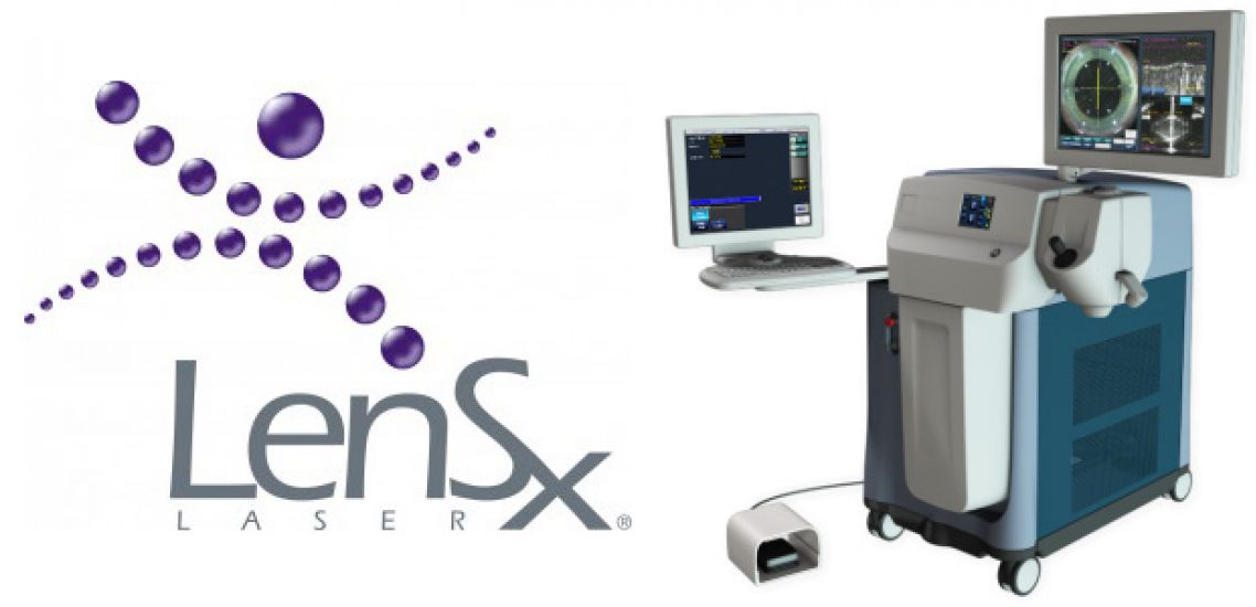 LensX logo on the left and a computer on a cart on the right